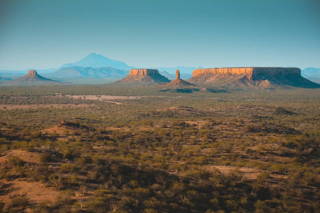 Weite Trockenlandschaft mit Dornbusch, mehreren Tafelbergen und warmem Licht am späten Nachmittag