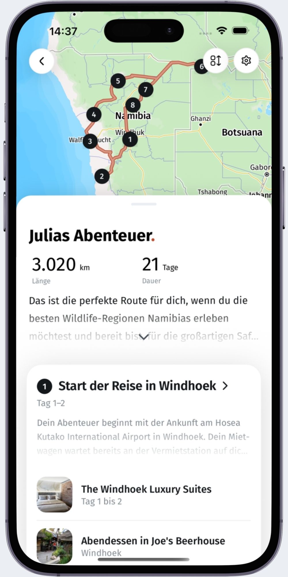 Route on the map in the app