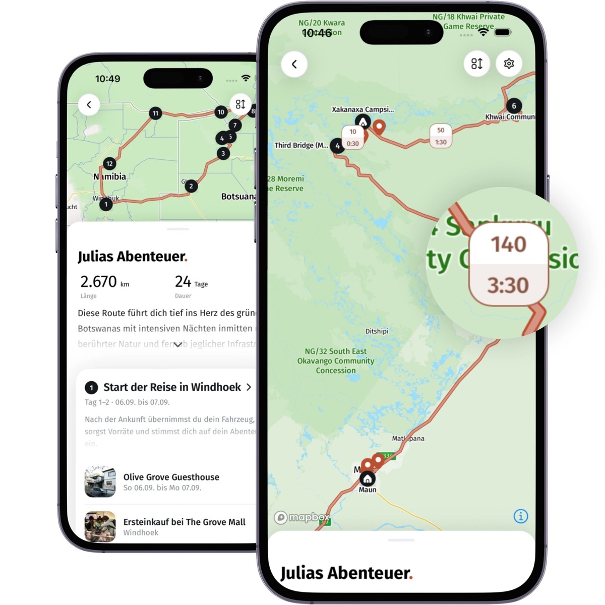 Driving times of a stage in the app